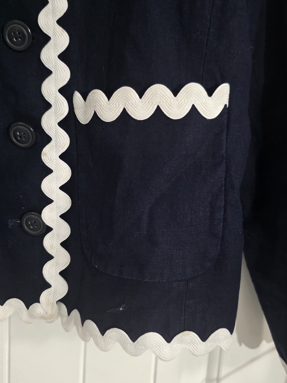 J.Crew Y2K Navy Linen Cotton Ric Rac Trim Lady Jacket Blazer Size 2 -18 inch ptp - Picture 8 of 11